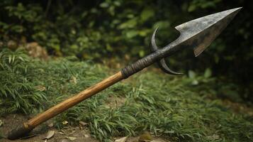 Ancient Spear in Lush Forest - Historical Weapon photo