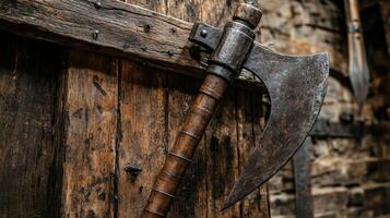 Antique Axe Hanging on Rustic Wall photo