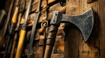 Antique Axe on Wooden Wall photo