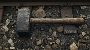 Vintage Hammer on Railway Tracks - Industrial Tool photo