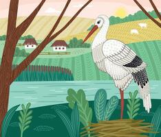 Decorative illustration of stork in nature. design element vector