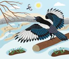 Decorative illustration of magpie in nature. design element vector