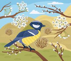Decorative illustration of tit in nature. design element vector