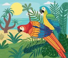 Decorative illustration of macaw parrots in nature. design element vector