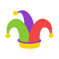 Jester hat with yellow bells, festive carnival headwear in cartoon style for comedy and entertainment. illustration. vector