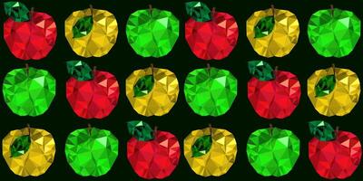 seamless pattern geometric cubism green red yellow apples on dark background in a row. design with triangles. modern abstract fruit illustration for textile and decor vector