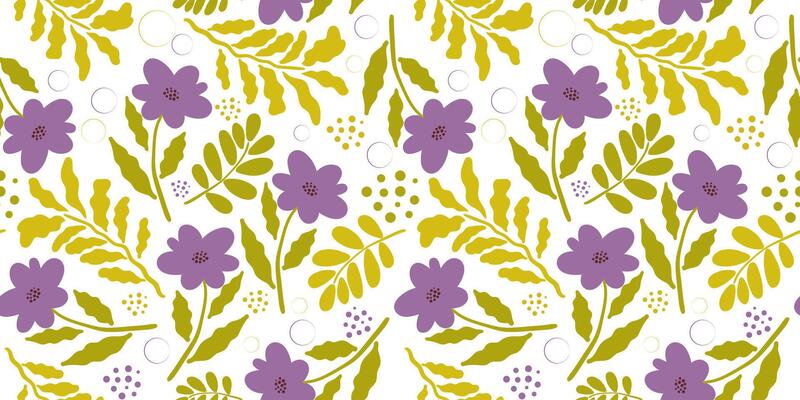Seamless floral pattern Modern summer and spring design with purple flowers, light green leaves and dots. Bright, repeating background for textiles, wallpapers and decor