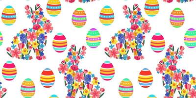 seamless easter pattern floral bunnies and colorful eggs. spring holiday design with flowers and painted eggs. festive illustration on white background vector