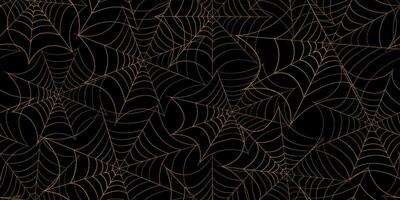 Elegant seamless spider web pattern on black background. Golden geometric Halloween design for wallpapers, textiles, wrapping paper, and digital projects vector
