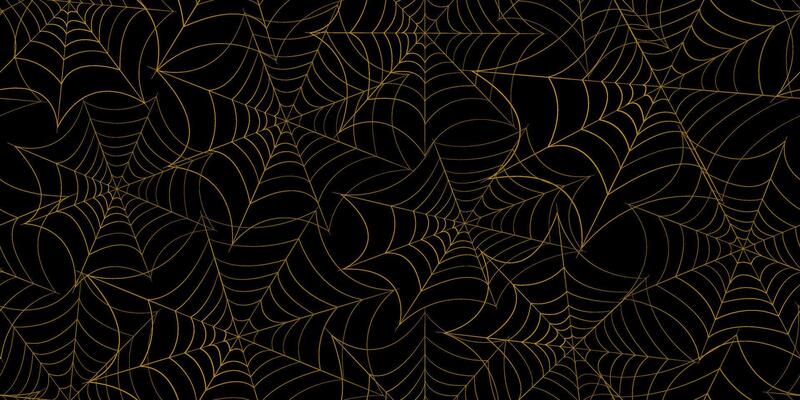 Elegant seamless spider web pattern on black background. Golden geometric Halloween design for wallpapers, textiles, wrapping paper, and digital projects