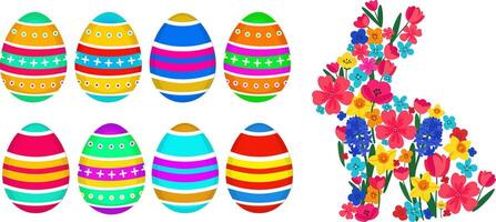 isolated easter elements floral bunny and colorful eggs. spring holiday illustration with flowers and painted eggs on white background vector