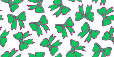 seamless pattern with green emerald bows and pink outline, festive decorative design for wrapping paper, fabric, scrapbooking, digital backgrounds vector