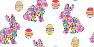 seamless easter pattern floral bunny silhouettes with colorful eggs. chaotic spring design with flowers and painted eggs on white background art vector
