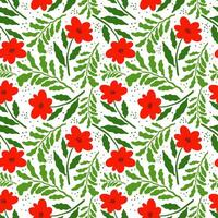 seamless floral pattern with red flowers and green wavy leaves on a white dotted background, spring and summer botanical design for textiles, wrapping paper, cards and decor vector