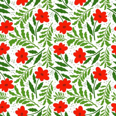 seamless floral pattern with red flowers and green wavy leaves on a white dotted background, spring and summer botanical design for textiles, wrapping paper, cards and decor