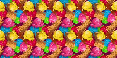 Seamless colorful ice cream pattern with waffle cones and melting scoops. Perfect for summer designs, textiles, wallpapers, and packaging vector
