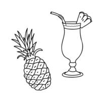 Set of Pina Colada Cocktail with Straw and Pineapple. Tropical Summer Alcoholic Drink in Hurricane glass. Hand drawn illustration in Doodle style isolated on background. For Beach Bar menu vector
