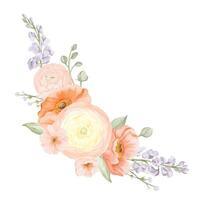 Spring Corner Bouquet from Flowers in Pastel colors. Ranunculus and Iceland Poppies with Freesia, Peach or Cherry Branches. Watercolor hand painted botanical illustration isolated on a white vector