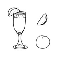 Bellini cocktail and Peach whole fruit and slice. Summer alcoholic Drink with Prosecco and Peach nectar. Hand drawn Black and White illustration in Doodle style isolated on background. For vector
