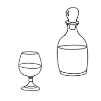 Cognac Decanter or Carafe and Glass set. Hand drawn illustration in Doodle style isolated on a background. A simple minimalist Black and white illustration. Perfect for use in menu and web vector
