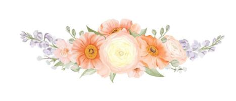Spring Horizontal Bouquet from Flowers in Pastel colors. Floral Garland from Ranunculus and Iceland Poppies with Freesia, Peach or Cherry and Snow Willow Branches. Watercolor hand painted botanical vector