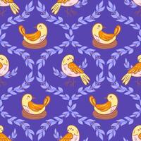 A vintage illustration showcasing birds nestled in a charming nest among tree branches, set against a seamless damask pattern. This design beautifully combines nature with elegant, timeless artistry. vector
