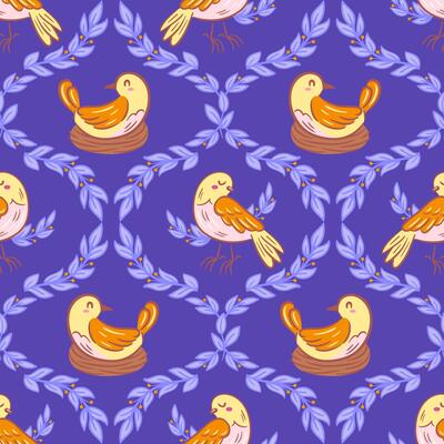A vintage illustration showcasing birds nestled in a charming nest among tree branches, set against a seamless damask pattern. This design beautifully combines nature with elegant, timeless artistry.