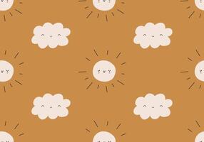Bohemian Baby Pattern. Childish simple sun and cloud on a beige background. Cute sun and cloud for nursesy vector