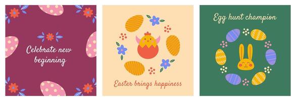 Easter folk elegant greeting card with egg, floral circle frame of set vector