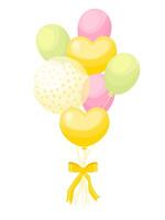 Cartoon bright glossy balloons bouquet on string with ribbon vector