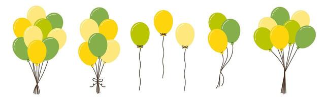 Set of monochrome green helium balloons air flying up on strings vector