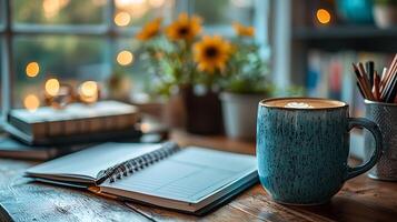 Cozy Autumn Workspace Latte Notebook and Sunflowers near Window photo