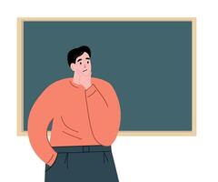 A student thought at the board, studying. A boy solves a problem. flat graphics. vector