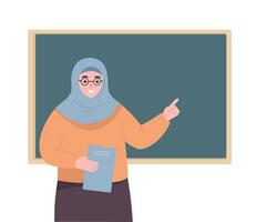Muslim woman teacher in hijab standing at the board, teaching, transferring knowledge, showing material. flat graphics. vector
