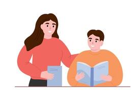 Student and teacher studying. Boy reading a book. Learning process. flat graphics. vector