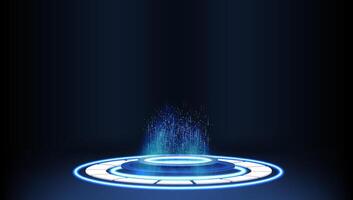 Futuristic portal with glowing blue lights and sparkling particles in a dark environment vector
