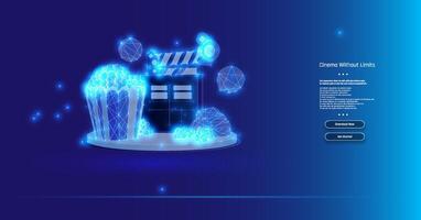 Digital cinema experience featuring a movie clapperboard and popcorn on a vibrant blue background. vector