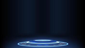 Futuristic glowing platform against a dark background in a digital universe setting with blue light accents. vector