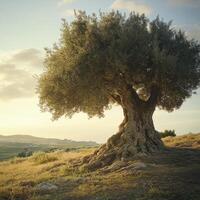 Ancient olive tree with twisted trunk and dense green foliage in rural Mediterranean landscape photo