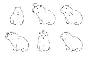 Set Capybara illustration sketch, black white coloring simple vector