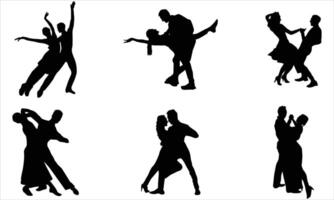 Set of dancing couple silhouettes in various joyful poses vector