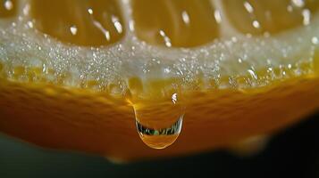 A drop of lemon juices dropping from a slice of lemon photo