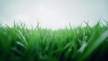 Green grasses in the field viewed from ground level photo