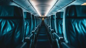 Empty cabin of a commercial airplane. empty seats viewed from corridor. photo
