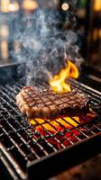 Grilled meat or beaf or steak on the barbeque in focus photo