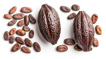 Cocoa beans and pods isolated on white background. photo
