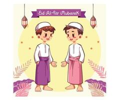 Eid Al-Fitr with Cheerful Animated Characters in Traditional Attire vector