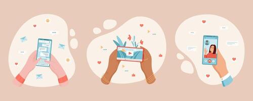 User holding smartphone for chat through social app. Engaging in online communication with a friend. Concept of modern technology set, social interaction, and digital lifestyle. vector