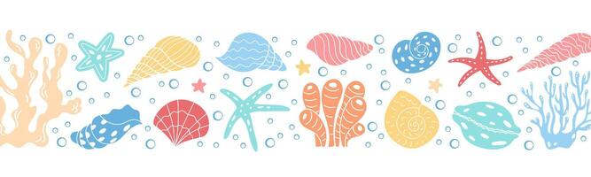 Underwater reef featuring corals and starfish in marine background. This colorful ocean life pattern design includes aquatic elements in a vibrant underwater world. vector