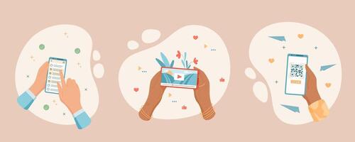 Smartphone in hand with app on screen. Mobile device cartoon set showing digital , phone app use, and communication. Ideal for showcasing digital media, online interaction, and technology themes. vector